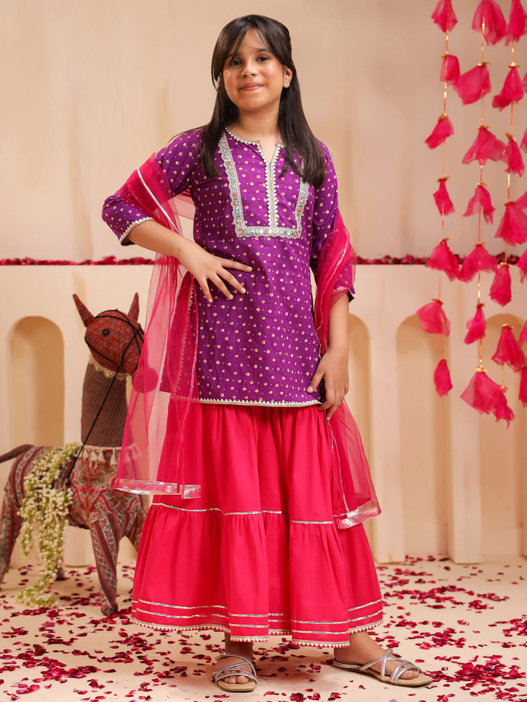 Girls Bandhani Printed Regular Gotta Patti Pure Cotton Kurti with Sharara & With Dupatta