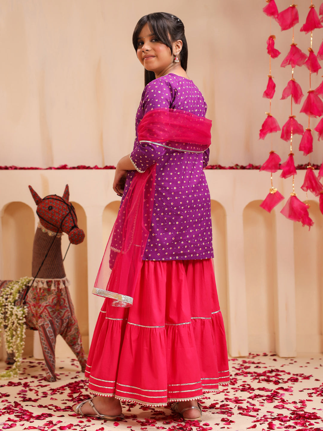 Girls Bandhani Printed Regular Gotta Patti Pure Cotton Kurti with Sharara & With Dupatta