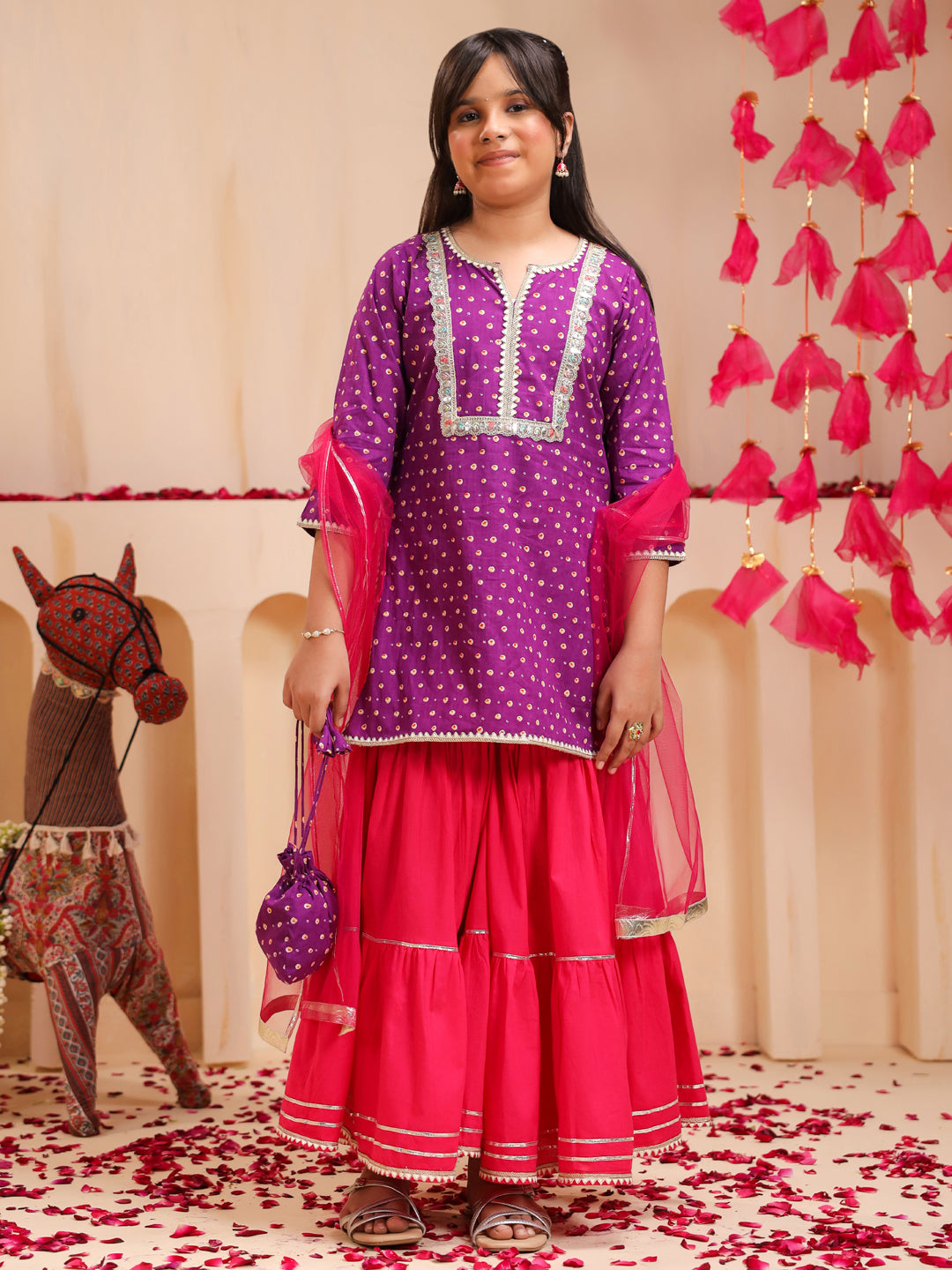 Girls Bandhani Printed Regular Gotta Patti Pure Cotton Kurti with Sharara & With Dupatta