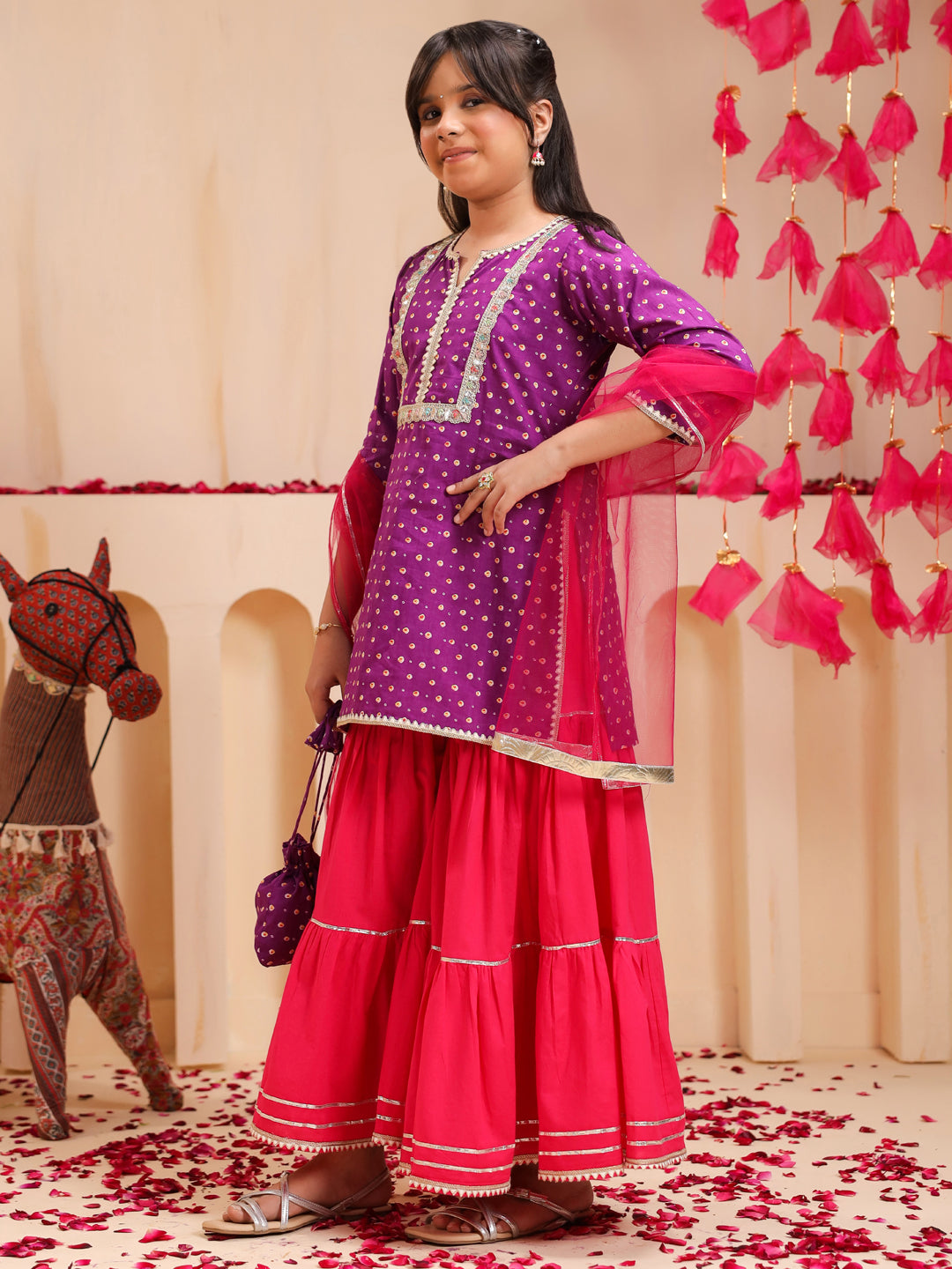 Girls Bandhani Printed Regular Gotta Patti Pure Cotton Kurti with Sharara & With Dupatta