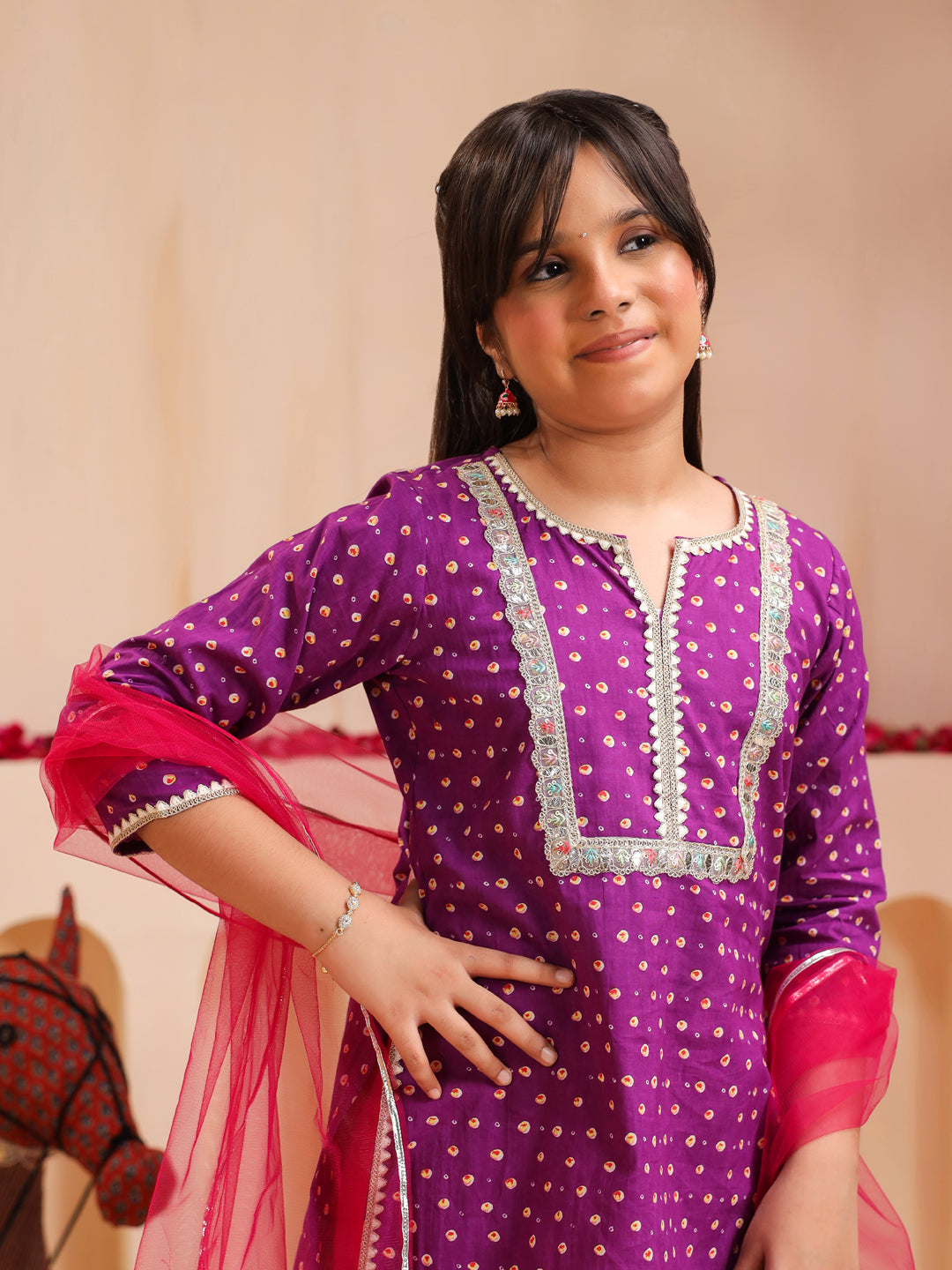 Girls Bandhani Printed Regular Gotta Patti Pure Cotton Kurti with Sharara & With Dupatta