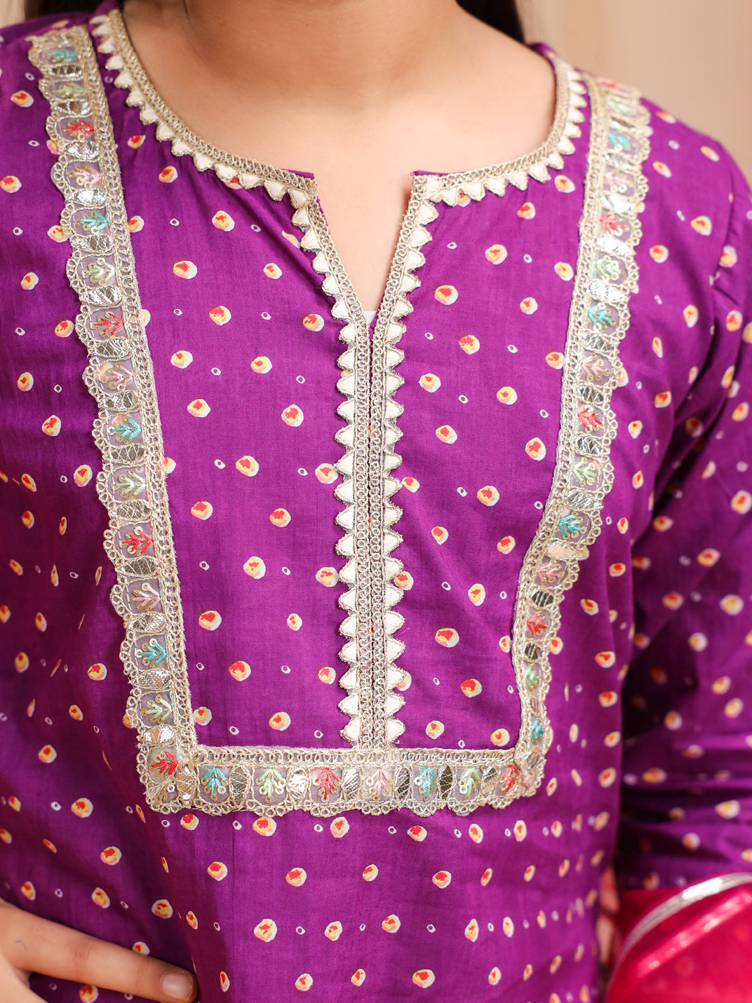 Girls Bandhani Printed Regular Gotta Patti Pure Cotton Kurti with Sharara & With Dupatta