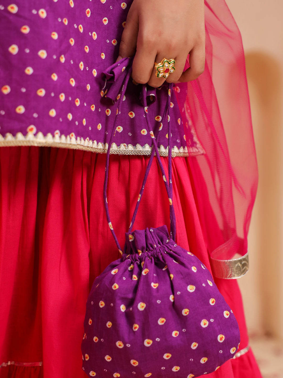 Girls Bandhani Printed Regular Gotta Patti Pure Cotton Kurti with Sharara & With Dupatta