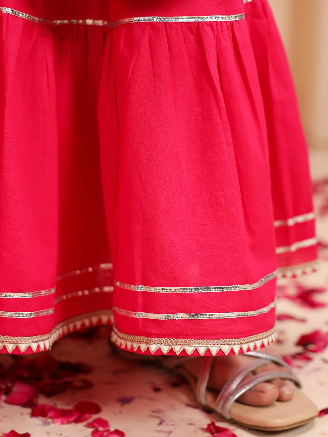 Girls Bandhani Printed Regular Gotta Patti Pure Cotton Kurti with Sharara & With Dupatta