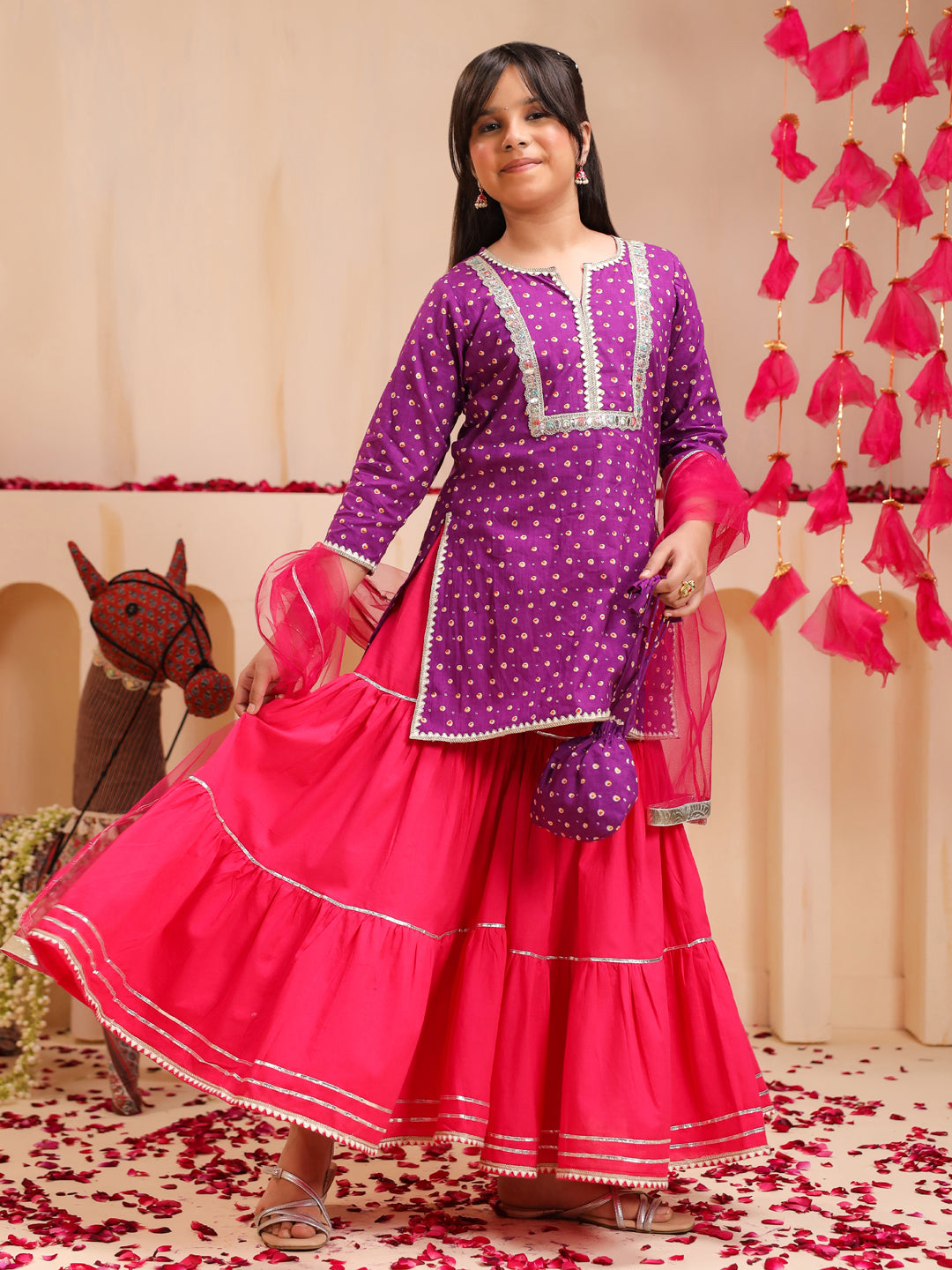 Girls Bandhani Printed Regular Gotta Patti Pure Cotton Kurti with Sharara & With Dupatta