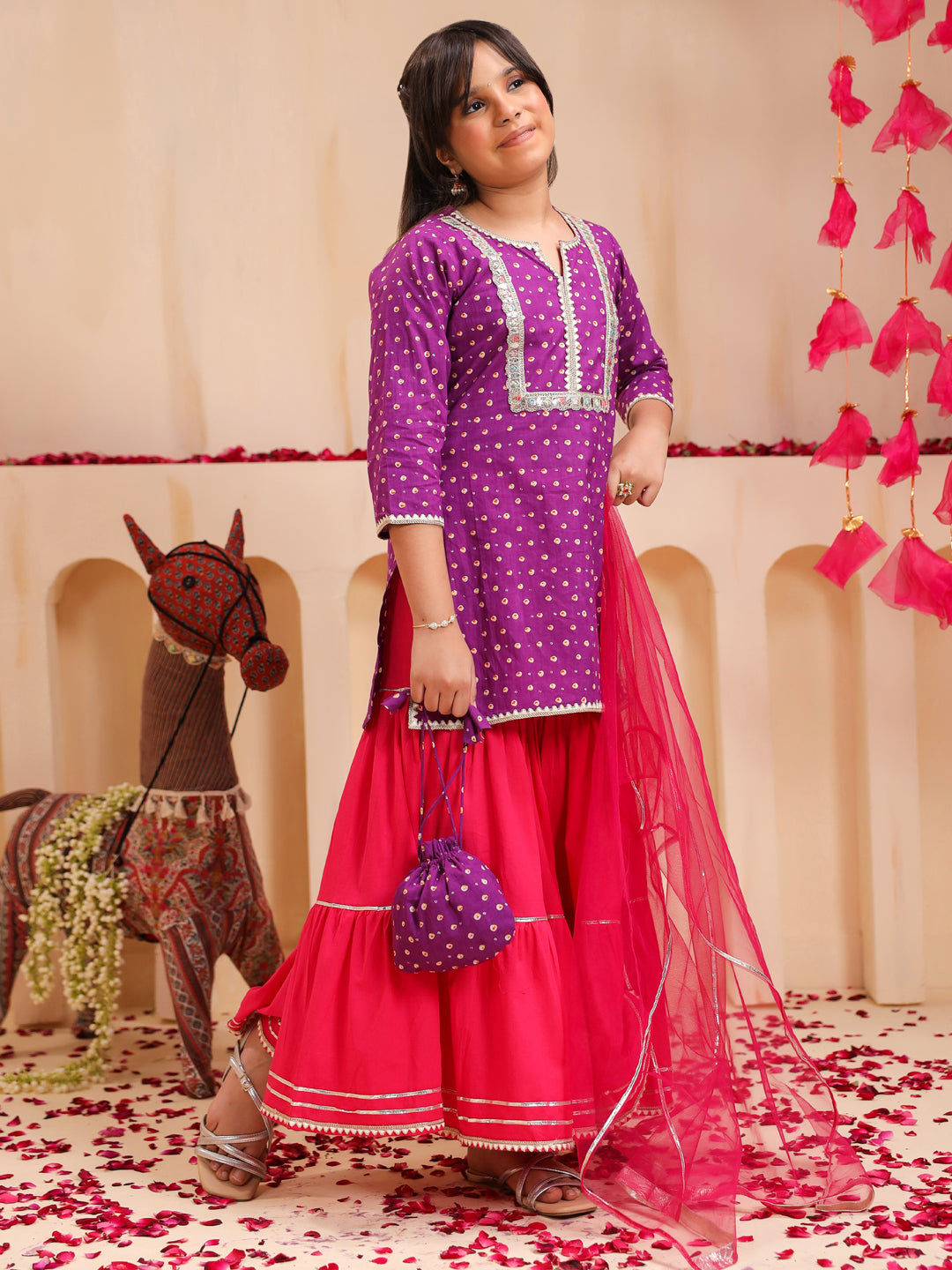 Girls Bandhani Printed Regular Gotta Patti Pure Cotton Kurti with Sharara & With Dupatta