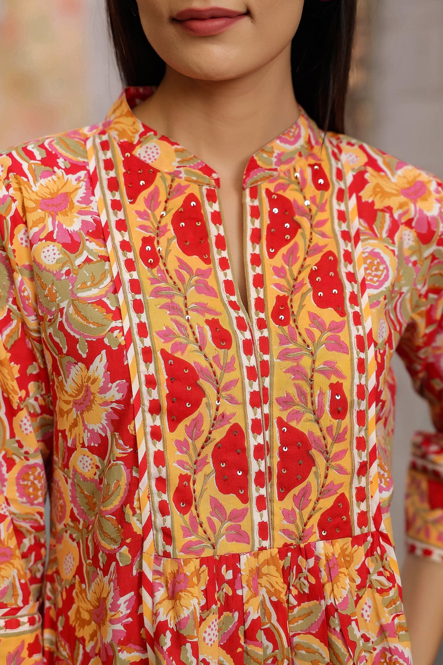 Floral Printed Mandarin Collar Cotton Peplum Top