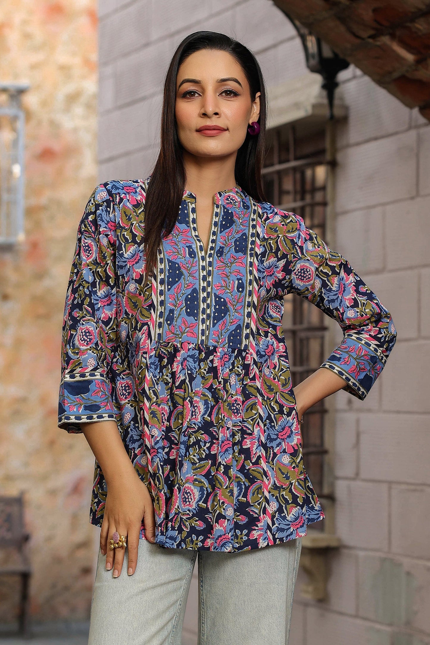 Floral Print Mandarin Collar Cotton Top