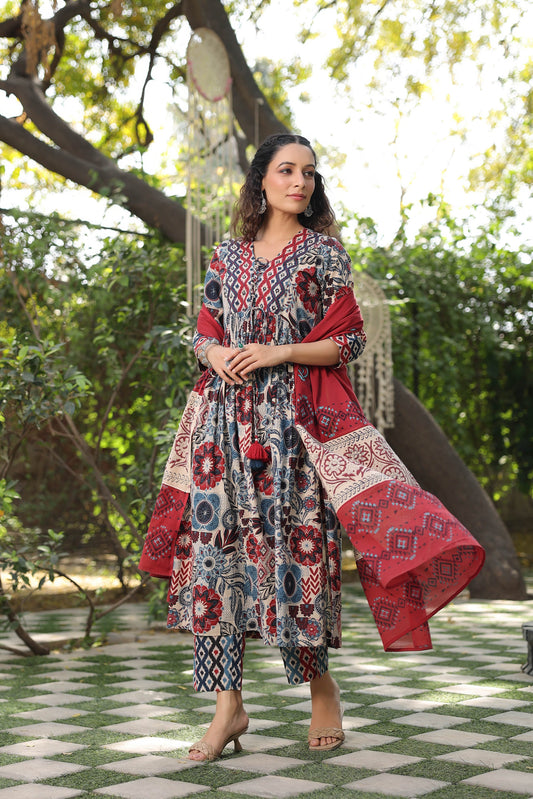 Ethnic Motifs Printed Pure Cotton Kurta with Trousers & Dupatta