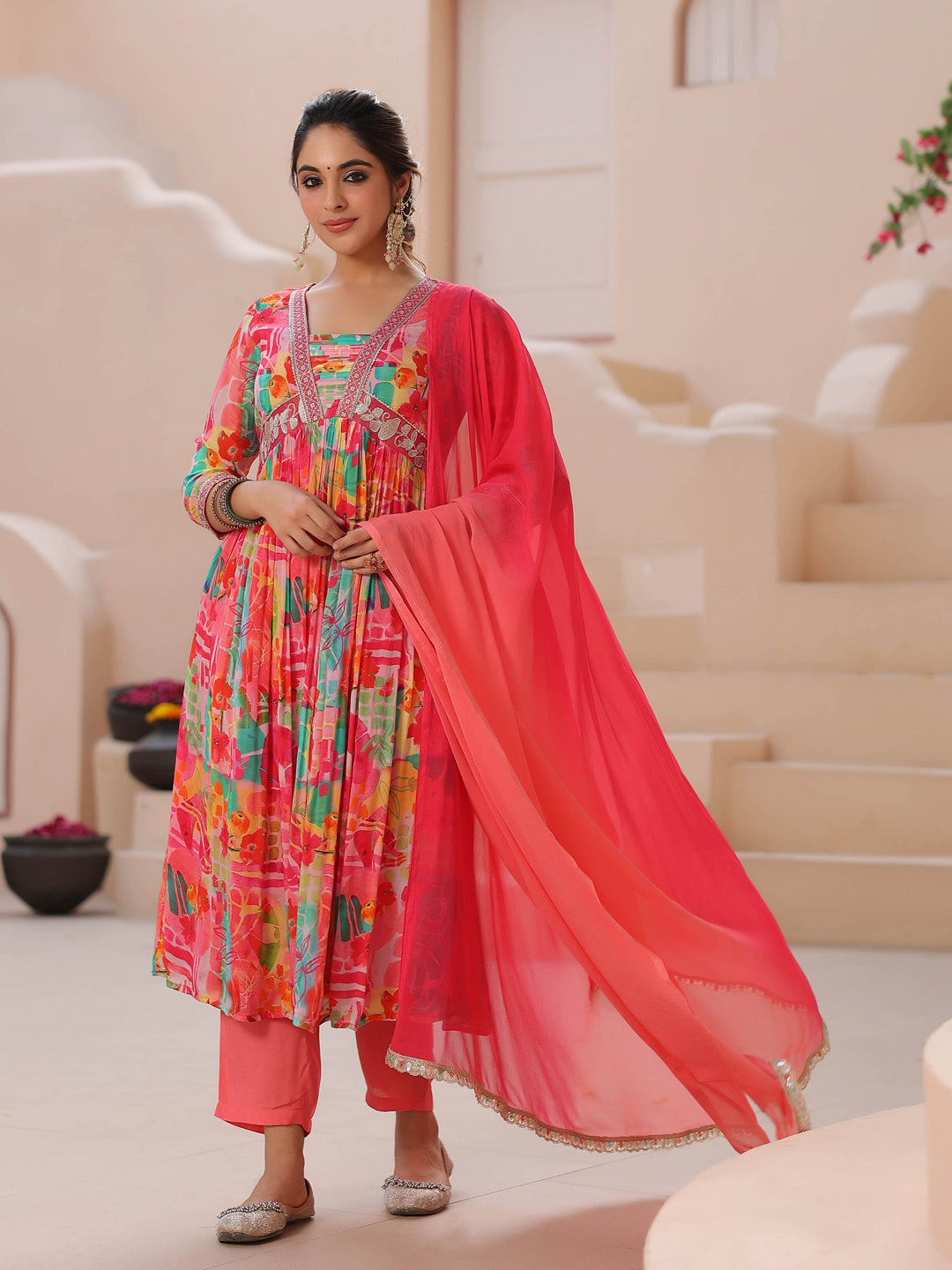 Women Floral Printed Empire Sequinned Kurta with Trousers & With Dupatta