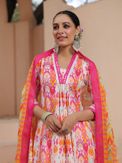 Women Ikat Printed Pure Cotton Kurta with Trousers & Dupatta