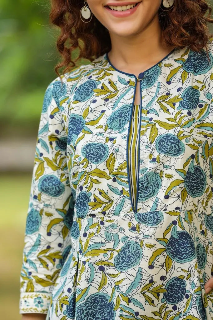 Women Blue & Cream Ethnic Motifs Printed Pure Cotton Kurti