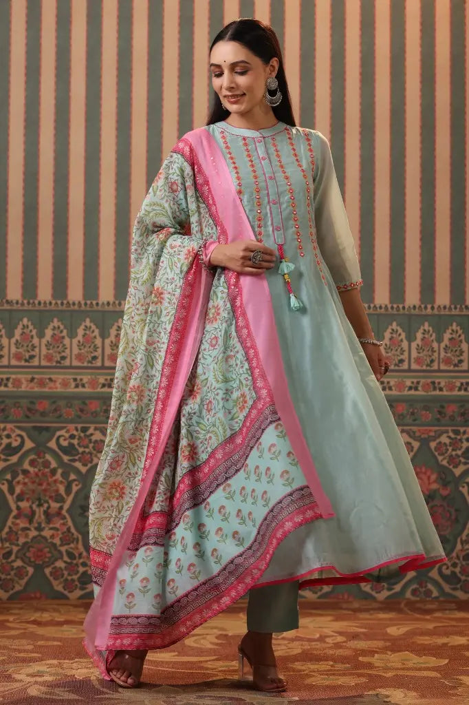 Women Pista Panelled Mirror Work Chanderi Anarkali Kurta Set