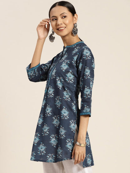 Women Blue Floral Cotton Printed High Low Kurti
