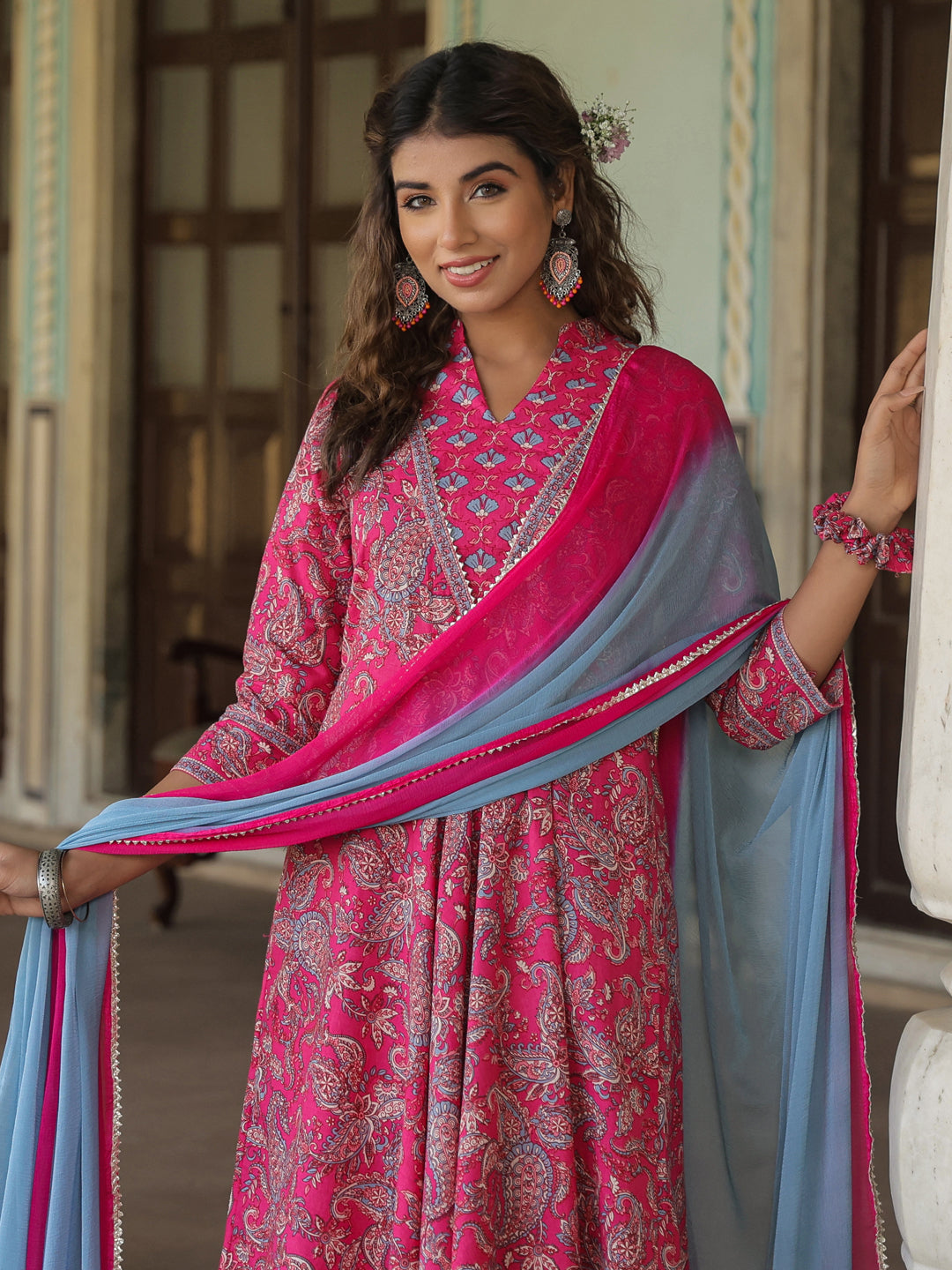 Women Fuchsia Paisley Printed Pure Cotton Kurta With Printed Trouser And Dyed Dupatta