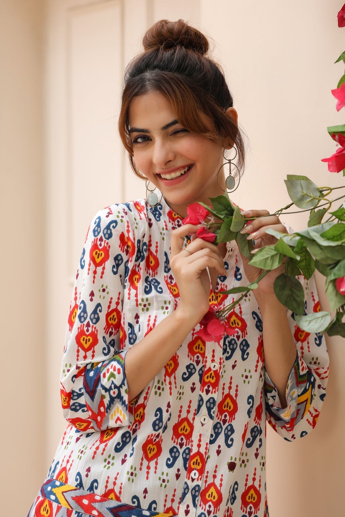 Floral Print Mandarin Collar Cotton Top