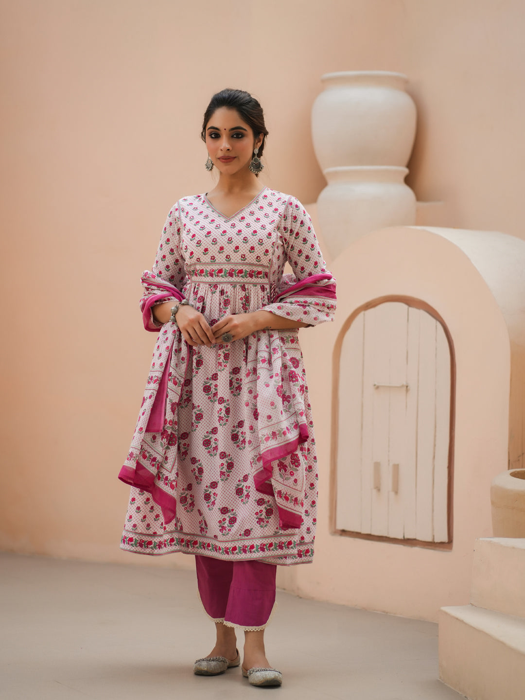 Women Pink Floral Printed Pure Cotton A-line Kurta With Solid Trouser And With Printed Dupatta
