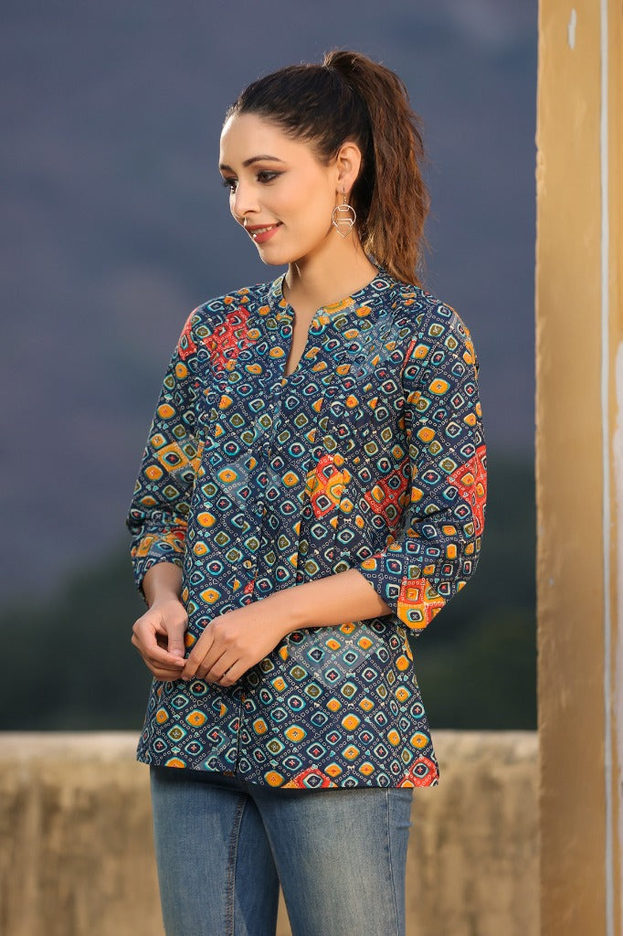 Women Navy Blue Bandhani Printed Aline Cotton Kurti