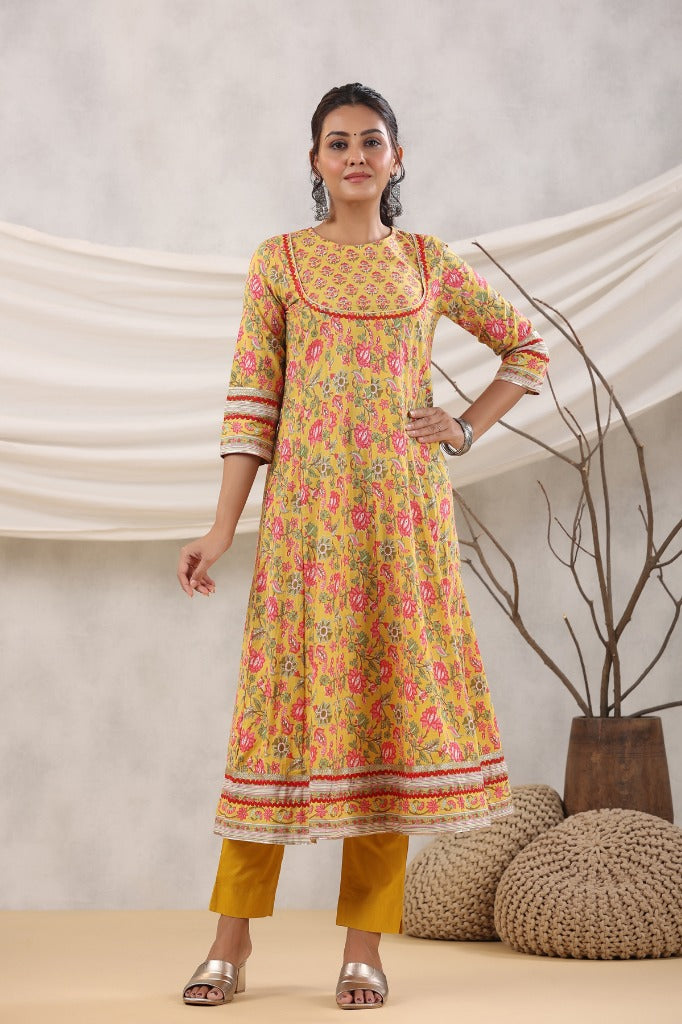Women Mustard White Sequined Anarkali Pure Cotton Kurta Set