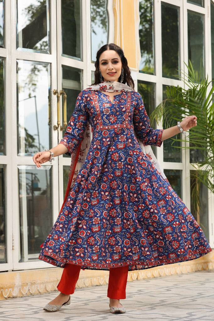 Women Navy blue Floral printed sequinned pure cotton kurta with trousers & dupatta