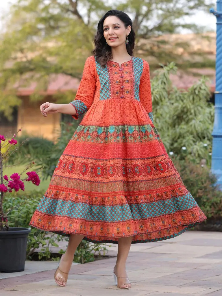 Women Orange Ethnic Motifs Printed Anarkali Kurta