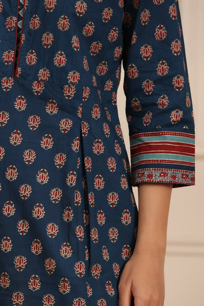 Women Navy Blue Ethnic Motifs Printed A-Line Kurti