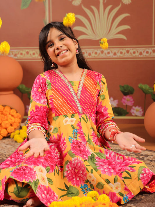 Girls Floral Printed Empire Gotta Patti Pure Cotton Kurti with Trousers & With Dupatta