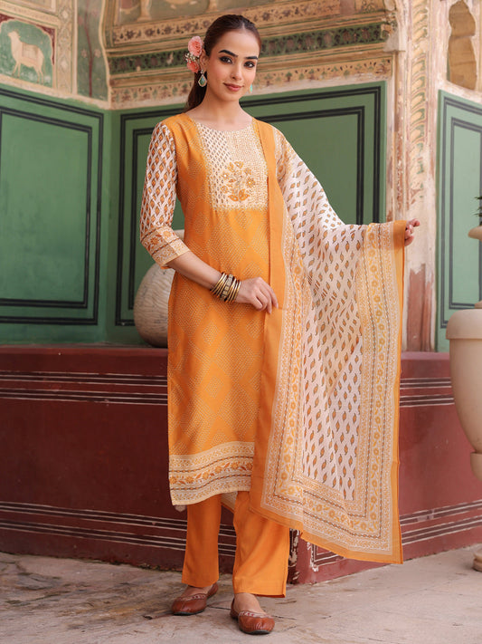 Women Printed Chanderi Cotton Kurta with Trousers & Dupatta
