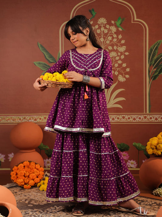 Girls Floral Printed Regular Gotta Patti Pure Cotton Kurti with Sharara & With Dupatta