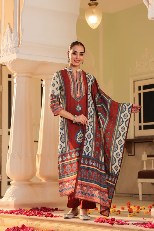 Floral Printed Mandarin Collar Muslin Kurta With Trousers & Dupatta