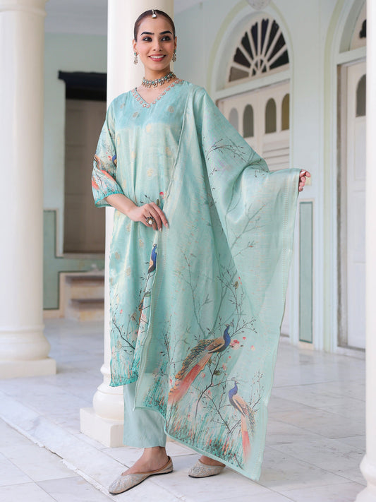 Ethnic Motifs Printed Zari Chanderi Cotton Kurta With Trousers & Dupatta