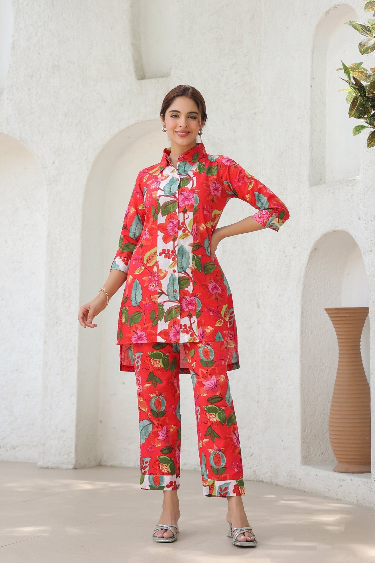 Printed Shirt Collar Pure Cotton High Low Tunic With Trousers