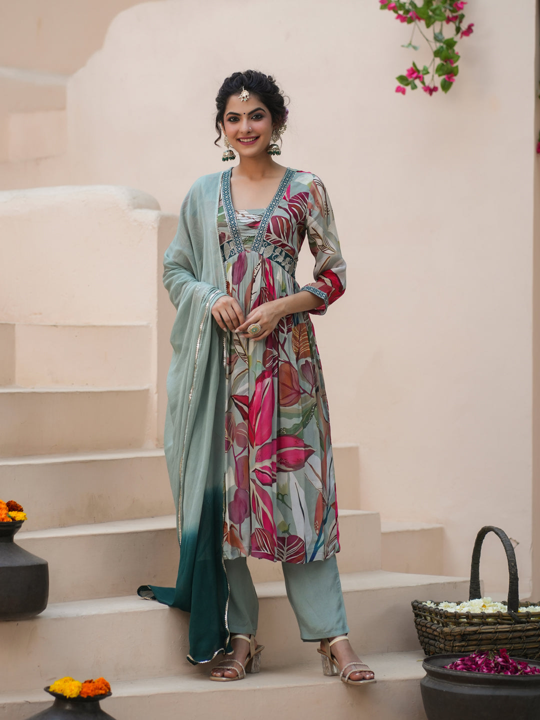 Women Green Chinon Printed A-line Empire Kurta With Trouser And Shaded Dupatta
