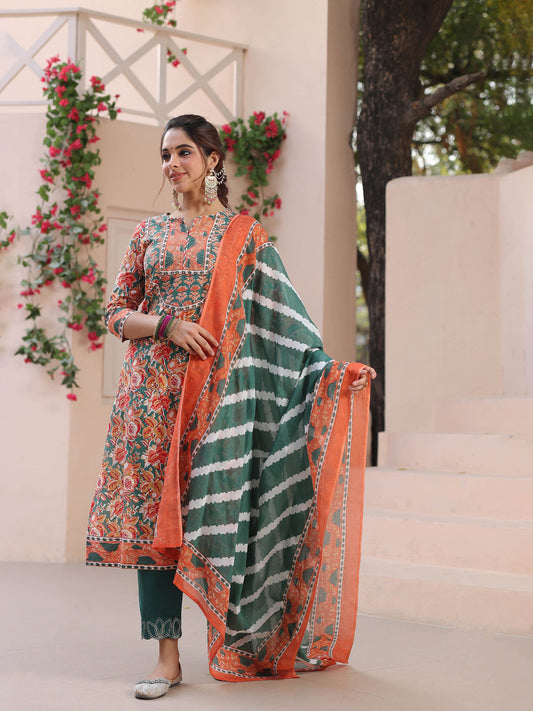 Women Green Floral Printed Pure Cotton Straight Kurta With Trouser And Dupatta