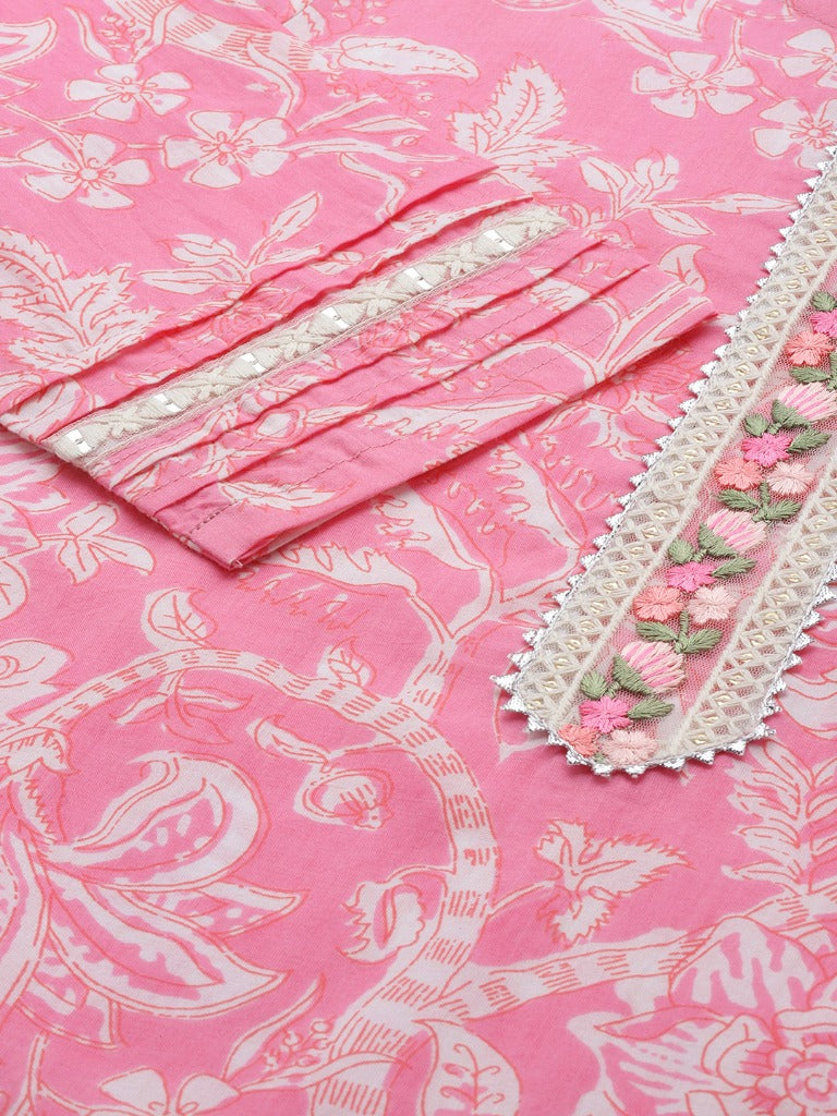 Women Pink Floral Printed Gotta Patti Straight Cotton Kurta