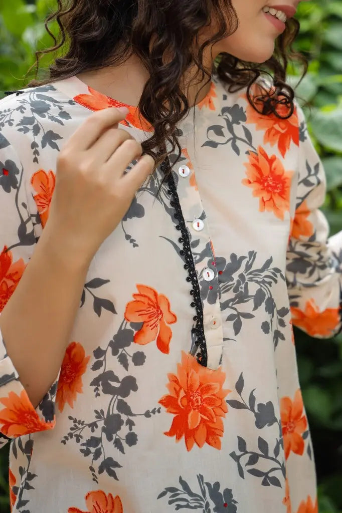 Cream & Orange Floral Lace Kurti