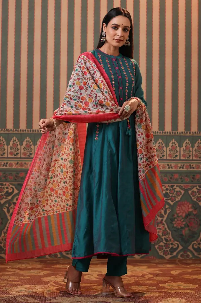 Women Teal Panelled Mirror Work Chanderi Cotton Anarkali Kurta With Trousers & With Dupatta