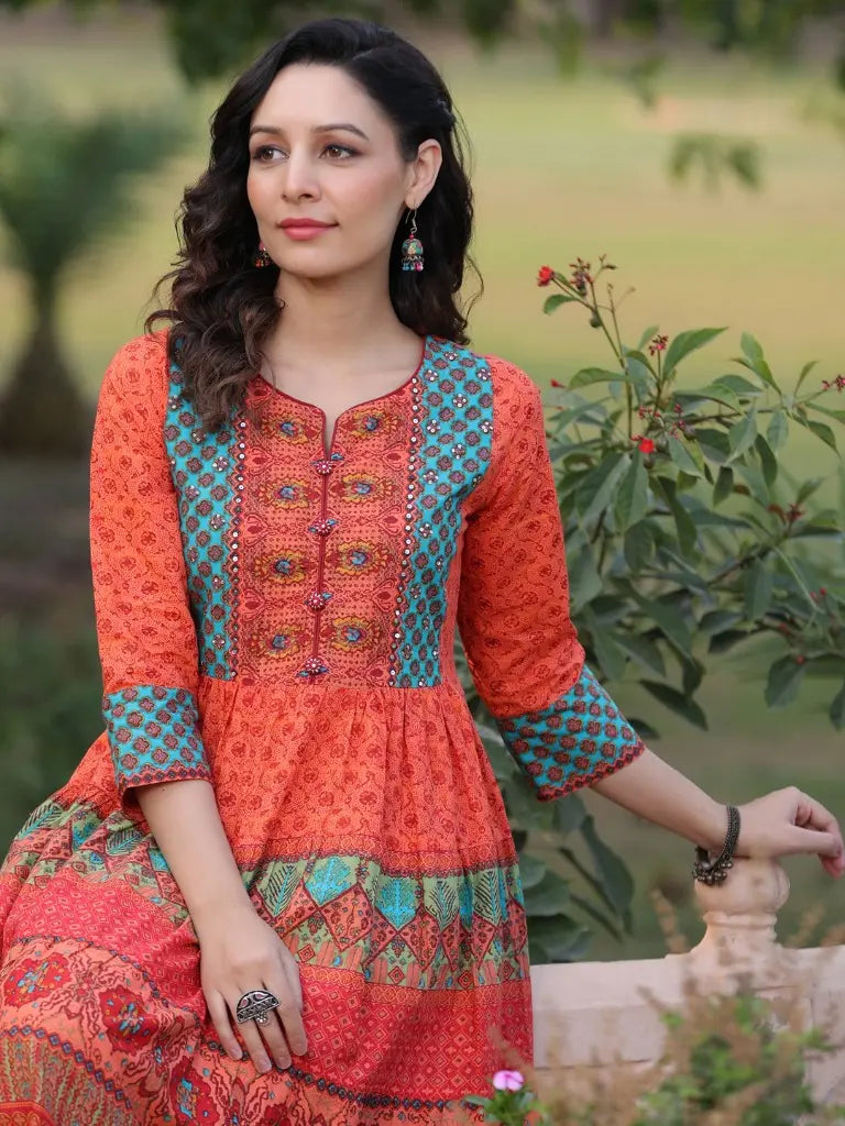 Women Orange Ethnic Motifs Printed Anarkali Kurta