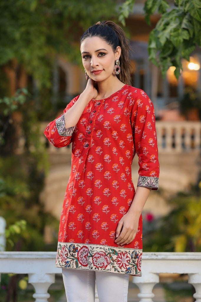 Straight Red Kurti in Pure Cotton for Women