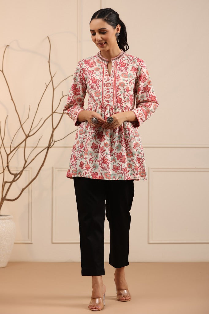 Women Cream and Pink Floral Print A-Line Kurti