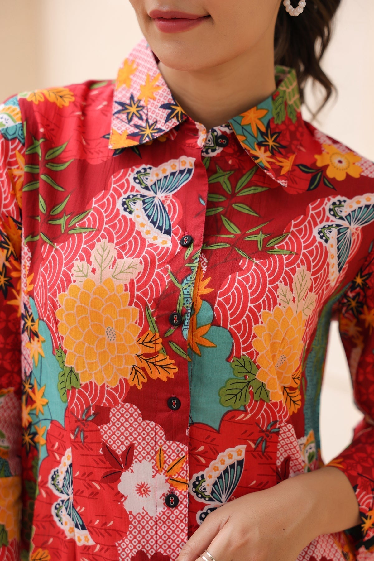 Women Floral Printed Shirt Collar Cotton Top