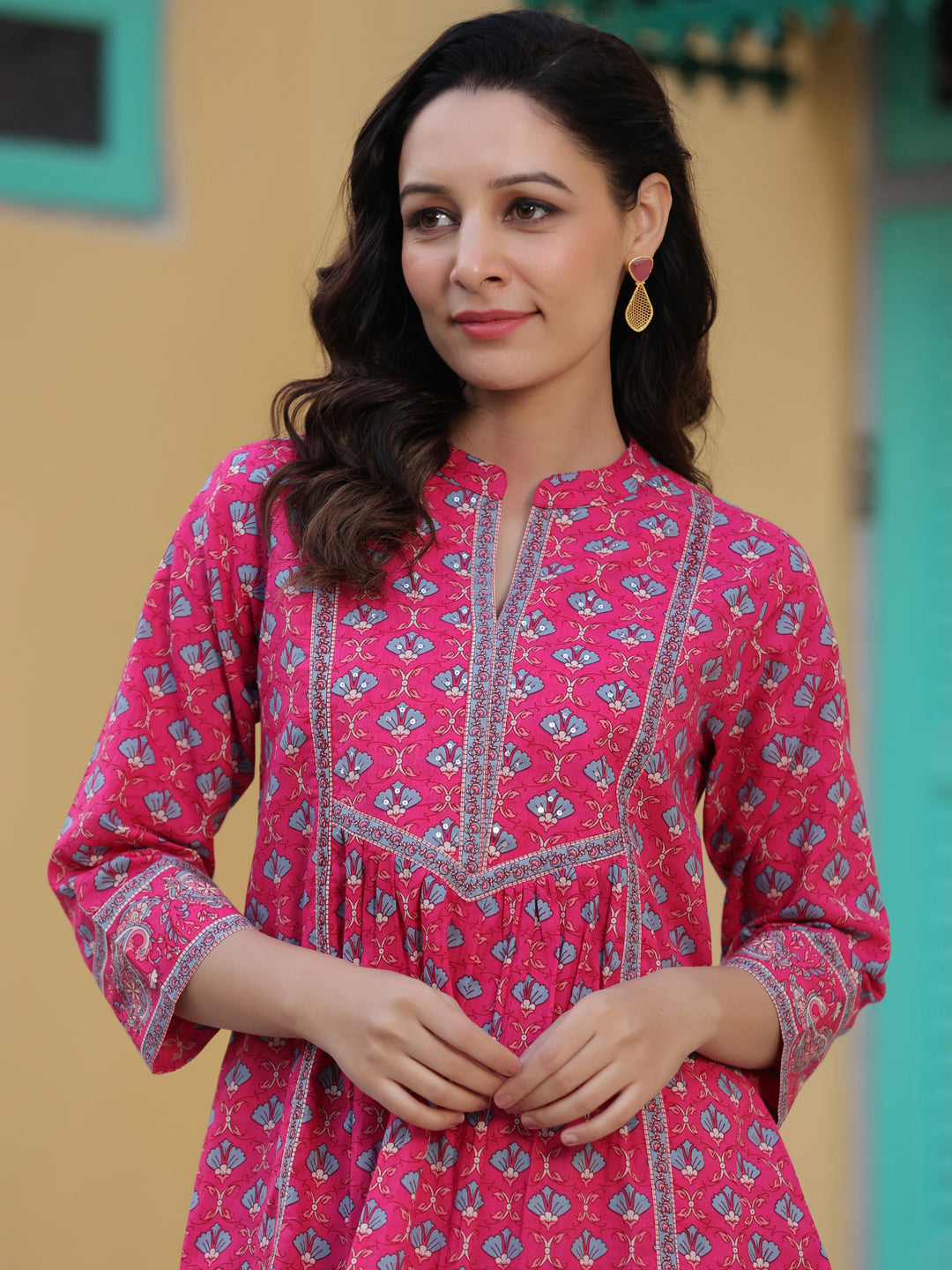 Women Fuchisia Ethnic Motifs Printed Pure Cotton A-line Kurti