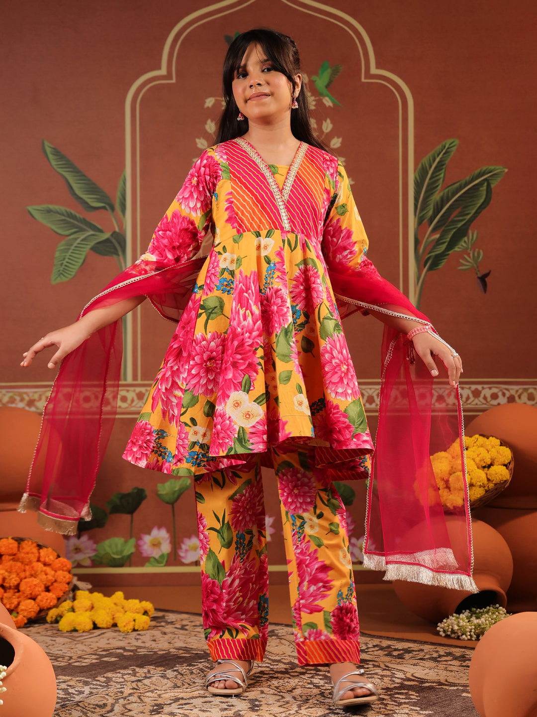 Girls Floral Printed Empire Gotta Patti Pure Cotton Kurti with Trousers & With Dupatta