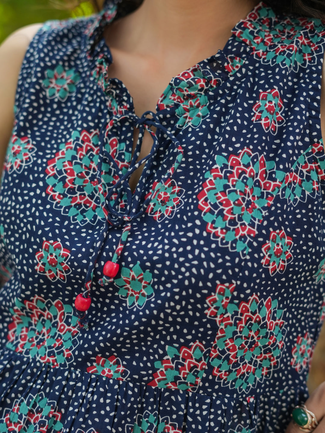 Floral Printed Tie Up Neck Pure Cotton Fit & Flared Midi Dress