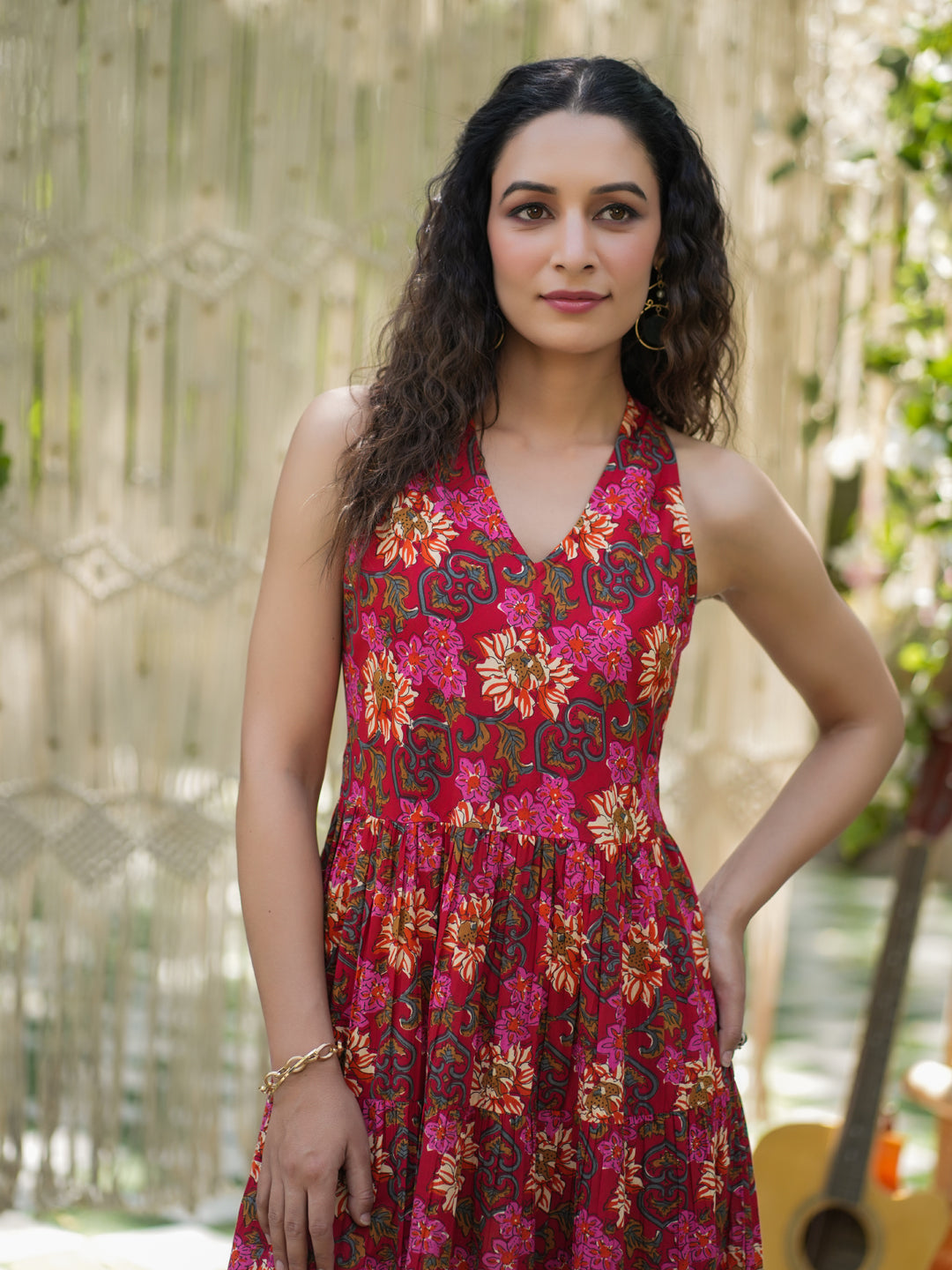 Women Red Floral Printed Pure Cotton Tiered Fit and Flare Dress