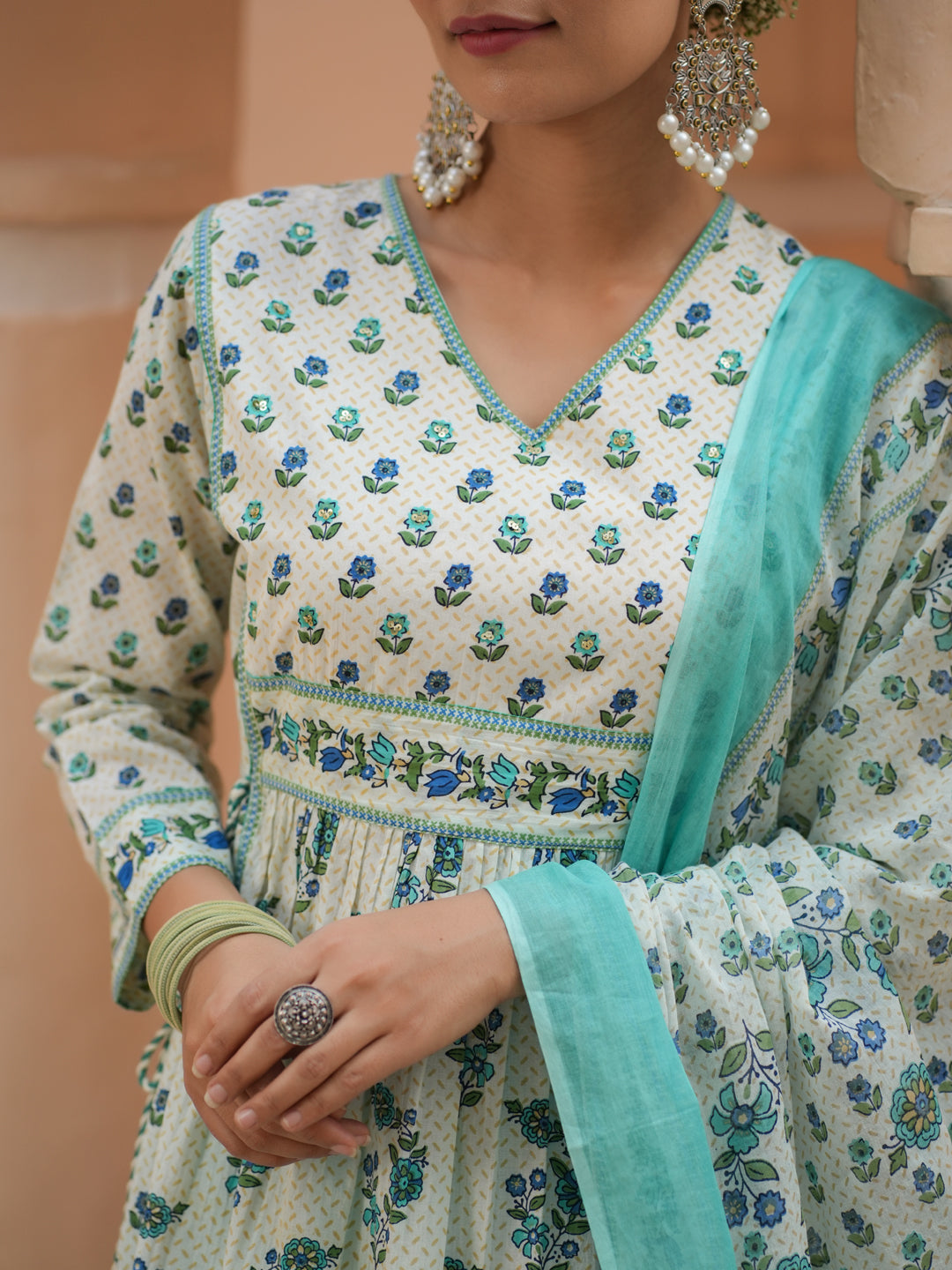 Women Teal Floral Printed Pure Cotton A-line Kurta With Solid Trouser And With Printed Dupatta
