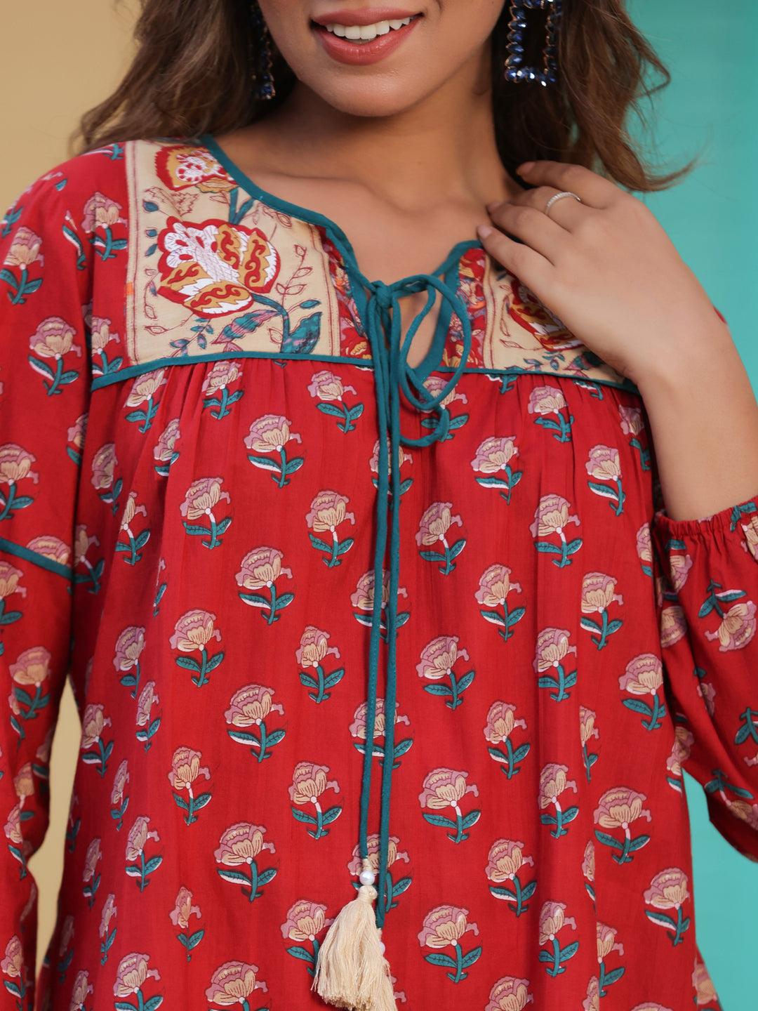 Women Red Floral Printed Pure Cotton A-line Kurti