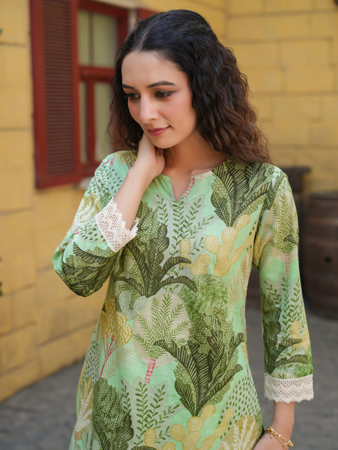 Tropical Printed Lace Inserts V-Neck Pure Cotton Tunic With Flared Palazzos