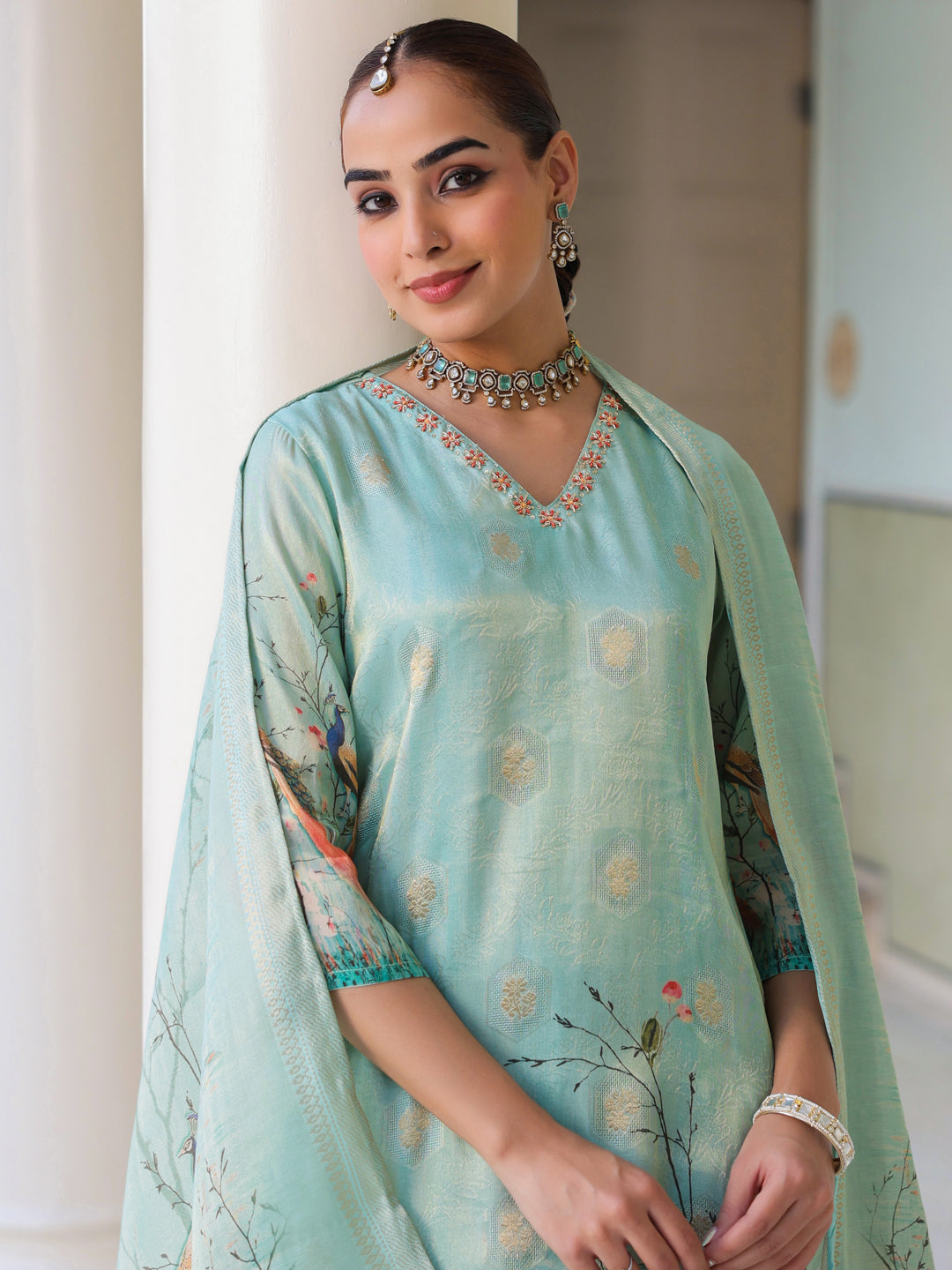 Ethnic Motifs Printed Zari Chanderi Cotton Kurta With Trousers & Dupatta