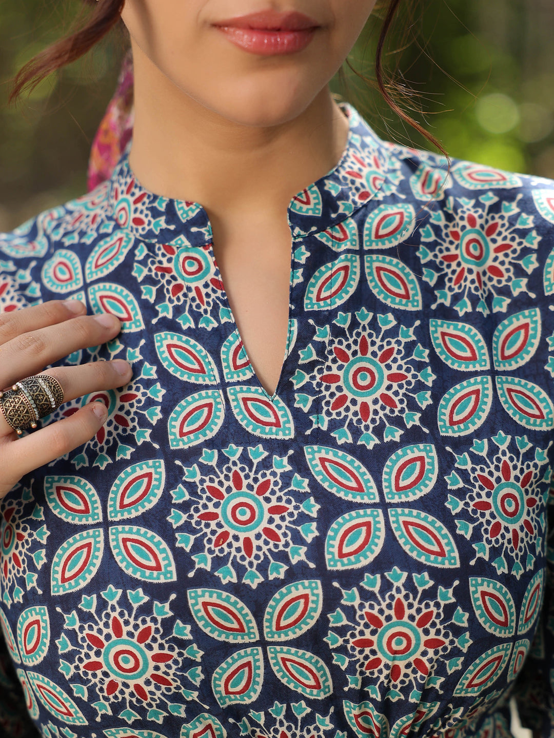 Women Blue Ethnic Motifs Printed Tiered Pure Cotton A-line Midi Dress